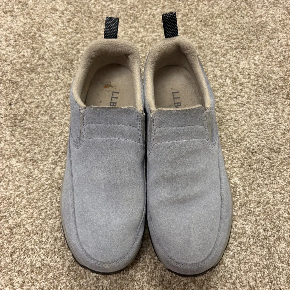 LL Bean Slip On Moc Loafer Womens 8 Light Blue Suede Fleece Lined Comfort Shoes